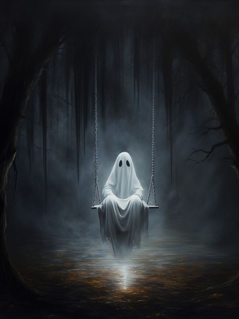 An oil painting of a ghost on a swing in a dark forest. Ghost Drawing Ideas, Gothic Art Painting, Gothic Art Victorian, Ghost Art Cute, Victorian Gothic Art, Paintings Halloween, Home Decor Glam, Diy Home Decor Bohemian, Cottagecore Artwork