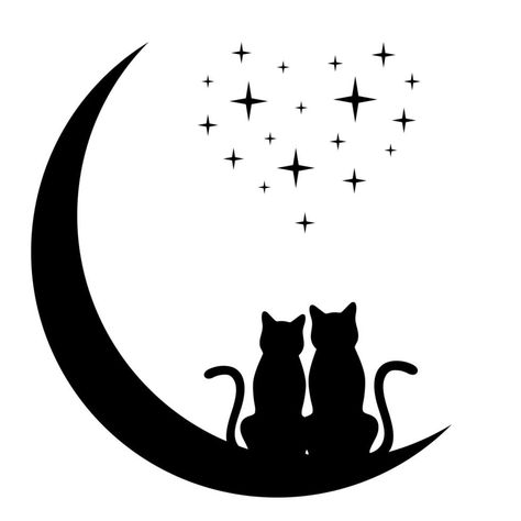 Two cats on the moon Two Cats On A Moon Tattoo, Moon Cat Drawing, Witchy Cat Tattoo, Tattoos Moon, Silhouette Printables, Belly Button Tattoo, Cat On The Moon, Sun Dial, Cat And Moon