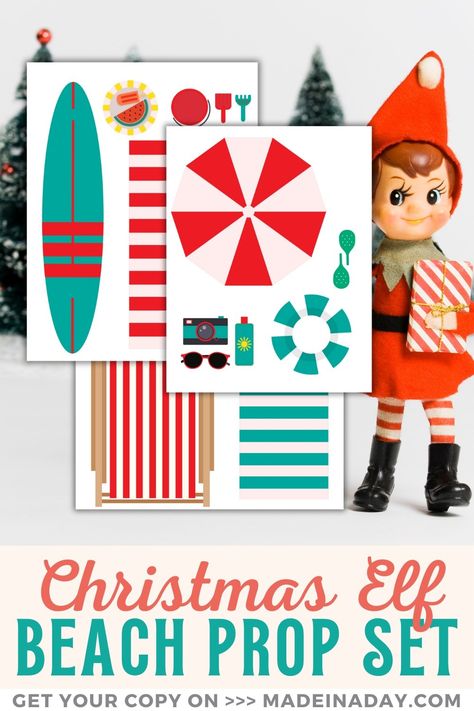 Get ready for some beachy holiday fun with our Christmas Elf Printable Prop Beach Scene! Perfect for adding a touch of whimsy to your elf hiding adventures. elf scenes, elf props, Christmas elf, elf printable props Elf On The Shelf Beach, Elf Scenes, Elf On Shelf Printables, Elf Printables, Elf Crafts, Printable Props, Awesome Elf On The Shelf Ideas, Elf Props, Elf Activities