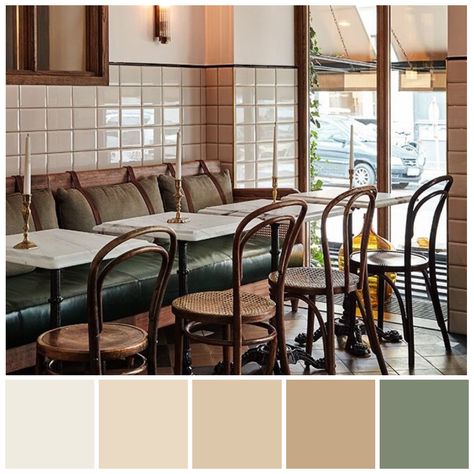 A touch of green enhances this café latte and chocolate brown colour scheme, a ‘Shadow’ palette variation.  Hues reduced with grey often have a calm, subdued feel, depending on contrast levels. Colour reduction occurs when the intensity or purity of a hue is reduced by adding white, another hue, black or grey. Image credit: Chroma reduction illustration by Zena O’Connor. Restaurant at Hotel Sanders, a hotel in Copenhagen by Alexander Kølpin, 2017, from Remodelista. Color Palette For Restaurant Interior Design, Cafe Colour Scheme, Restaurant Colour Scheme, Restaurant Colour Palette, Grey Restaurant Interior, Restaurant Color Scheme, Restaurant Color Palette, Hotel Sanders, Asian Restaurant Design