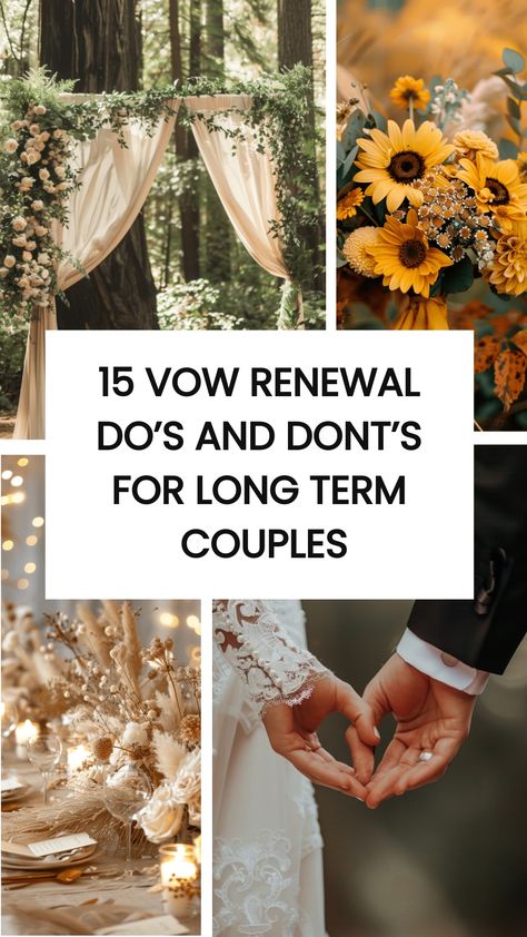 Here are 15 Vow Renewal Do’s And Dont’s. Whether you're celebrating a milestone anniversary or simply wanting to reaffirm your love, make sure to keep these tips in mind for a meaningful and memorable ceremony. How To Do A Vow Renewal Ceremony, Vow Renewal Timeline, Vow Renewal Bouquet, Vow Renual Ideas, Dark Vow Renewal, Intimate Backyard Vow Renewal, Renewal Ceremony Ideas, Surprise Vow Renewal, Winter Wedding Vow Renewal