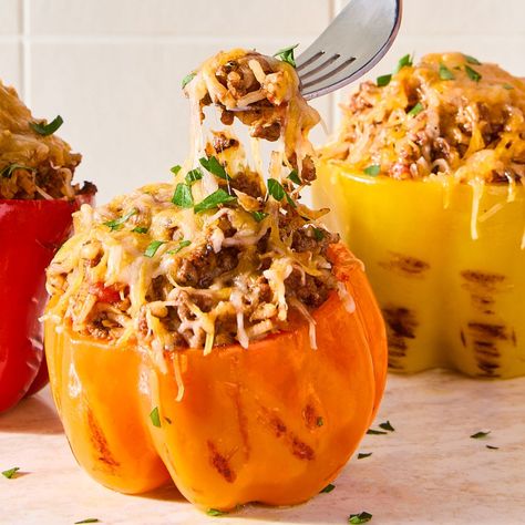 Grilled Stuffed Peppers Grilled Stuffed Peppers, Cooking Stuffed Peppers, Ground Beef Rice, Beef Rice, Grilled Peppers, Fire Roasted Tomatoes, Comfort Dishes, Peppers Recipes, Fire Roasted