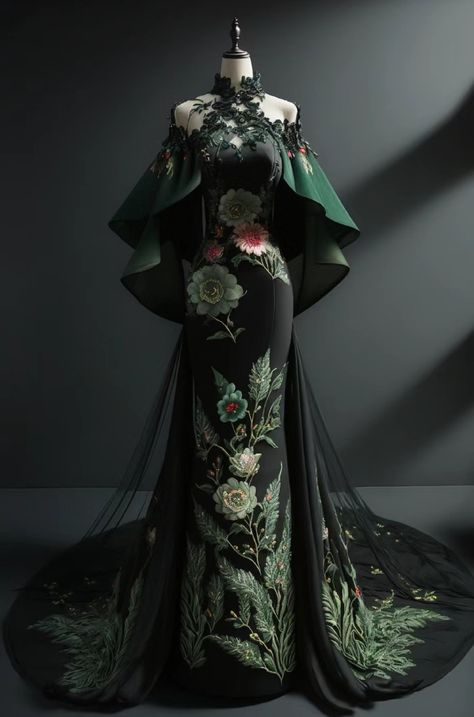 Fantasy Gala Dress, Romantic Style Fashion Inspiration, Green And Black Gown, Rennaisance Outfits, Fairytale Accessories, Fantasy Dresses, Royal Dresses, Fantasy Gowns, Fairytale Dress