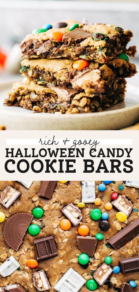 Wondering what to do with your leftover Halloween candy? Make the most delicious halloween candy cookie bars! They're gooey in the center, chewy on the edges, and not too sweet even with all that candy! #halloween #halloweencandy #halloweendessert #cookiebars #halloweencookies #butternutbakery || butternutbakeryblog.com Candy Cookie Bars, Chewy Cookie Bars, Halloween Candy Recipes, Butternut Bakery, Halloween Candy Bar, Candy Bar Cookies, Leftover Candy, Leftover Halloween Candy, Gooey Cookies