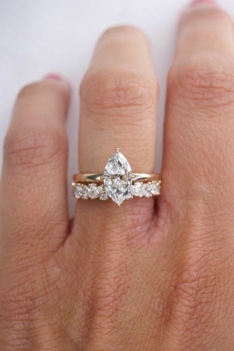 Wedding Band For A Marquise, Open Wedding Band With Marquise Engagement Ring, Marquis Engagement Ring With Wedding Band, Unique Engagement Ring Shapes, Marquis Wedding Band Set, Multi Shape Diamond Band, Small Marquise Diamond Ring, Marquise Diamond Band, Marquis Wedding Bands