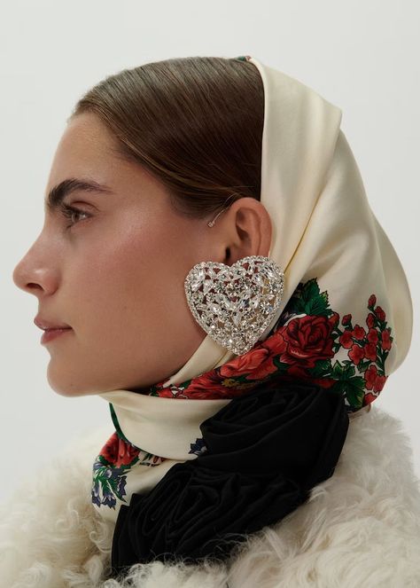 Folk floral print scarf in cream | Magda Butrym Russian Hat, Folk Floral, Flower Pants, Flower Blouse, Crystal Choker Necklace, Magda Butrym, Heart Choker, Heart Shaped Earrings, Russian Fashion