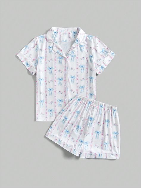 Butterfly And Floral Print Short Sleeve Pajamas Set With Lapel And Button Placket, Palace Style For Women, School Multicolor Cute    Plants,All Over Print Short Sets Slight Stretch Summer Women Sleep & Lounge, size features are:Bust: ,Length: ,Sleeve Length: Preppy Pyjamas, Pjs Preppy, Cute Pajamas For Women, Preppy Pjs, Cute Pj Sets, Romwe Kawaii, Kawaii Butterfly, Pyjamas Summer, Cute Nightwear