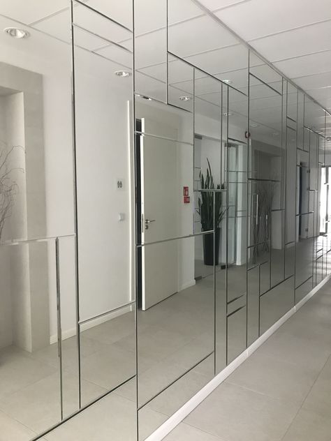 Accent Walls With Mirrors, Bevelled Mirror Wall Paneling, Full Mirror Wall, Mirror Panelling Wall, Mirror Wall Design, Mirror Panelling, Mirror Panel Wall, Mirror Wall Panel, Mirrored Walls