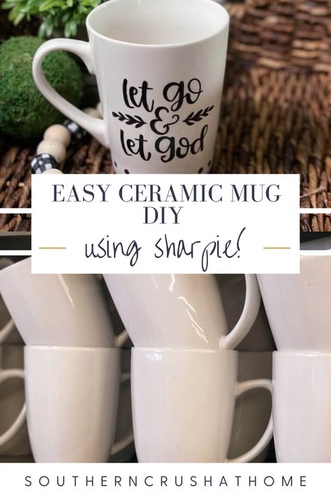 Learn how to make beautiful custom mugs like this with my easy DIY tutorial! These mugs would be great for a gift, or the perfect addition to your ceramic mug collection!    #diy #coffeemug #tutorial #sharpie #mug Diy Ceramic Mugs, Personalized Cups Diy, Mug Design Ideas, Mugs Diy, Diy Sharpie Mug, Coffee Cups Diy, Mug Diy, Sharpie Crafts, Sharpie Mug