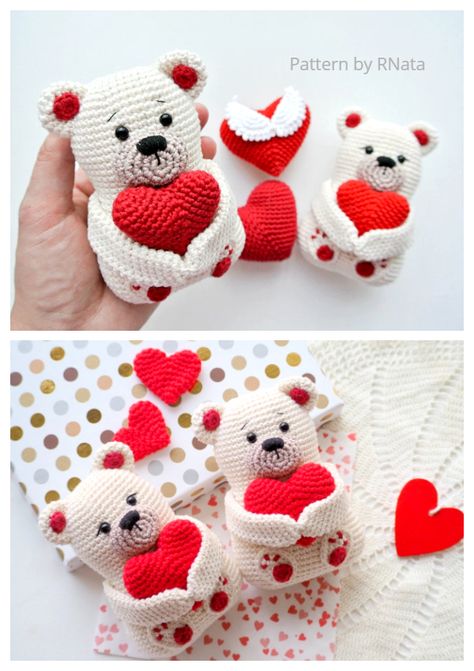 Patrones de amigurumi de oso de peluche de San Valentín de ganchillo Crochet Valentine Teddy Bear Pattern Free, Valentine Free Crochet Pattern, Crochet Valentine Amigurumi Free Pattern, Crochet Bear With Heart, Valentine Day Crochet Patterns, Valentine's Crochet Ideas, Crochet Valentines Amigurumi, Valentine's Crochet Free Patterns, Crochet Valentines Day Amigurumi Patterns Free