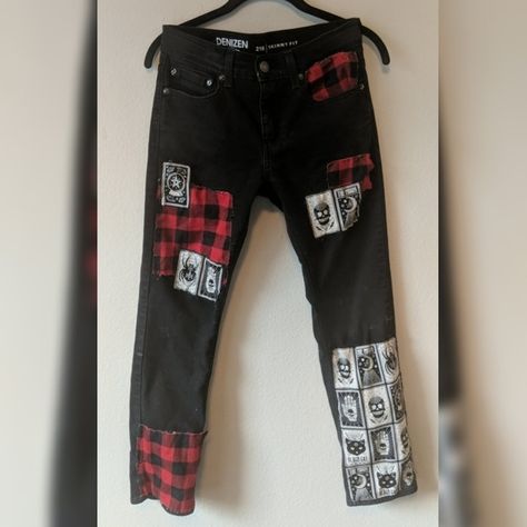 Patch Pants Punk, Diy Jeans Ideas, Punk Jeans, Patch Pants, Jeans Ideas, Diy Jeans, Red Patch, Nails Tools, Jeans Diy