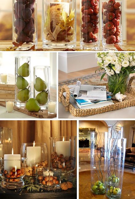 Ways-to-Decorate-And-Style-Clear-Glass-Vases--I like the sticks with the apples, thinking of pine cones and white sticks for winter. Staging House, Vase Filler Ideas, Fireplace Styling, Glass Vase Decor, Staging Ideas, Tafel Decor, Hal Decor, Clear Vase, Jar Ideas