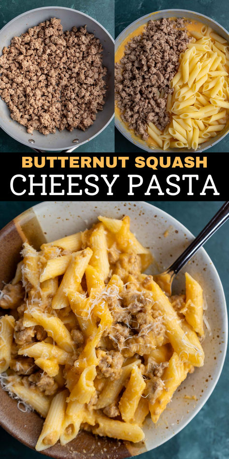 This Creamy Butternut Squash Pasta features juicy meat, tender penne, and a thick, cheesy sauce for the perfect comfort food! This pasta recipe is an easy weeknight meal everyone will love. Cheesy Butternut Squash Pasta, Butternut Squash Beef Recipes, Butternut Squash Alfredo Pasta, Dinners With Butternut Squash, Butternut Squash Spaghetti Sauce, Ground Beef And Butternut Squash, Farmers Market Dinner Ideas, Ground Beef Butternut Squash Recipes, Soft Foods After Surgery Teeth Recipes