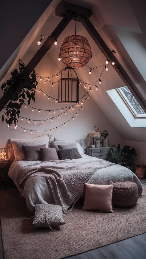 A dreamy boho bedroom illuminated by string lights, lanterns, and soft, ambient lighting for a magical atmosphere String Light Bedroom Ideas, String Lights Bedroom Ceiling, Velaris Bedroom, Cozy Room Lighting, Whimsical Lighting, Projector In Bedroom, String Lights In The Bedroom, Dream Bedroom Inspiration, Boho Style Bedroom