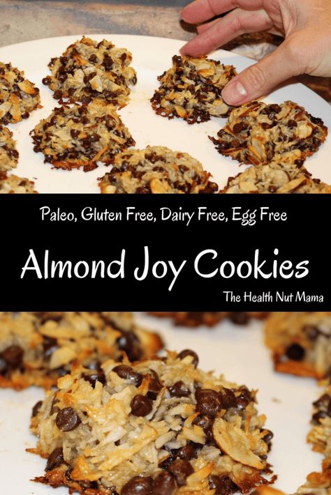 Paleo Almond Joy Cookies! Grain Free, Gluten Free, Dairy Free, Soy Free, Egg Free. Kids love them! So easy, healthy & delicious! Slap your mama good! #paleo #dessert #paleodessert #cookies #healthy #recipes #glutenfree #dairyfree #grainfree #soyfree #eggfree #almondjoy #almonds #enjoylife #coconut #chocolate #chocolatechips #thehealthnutmama www.thehealthnutmama.com Cookies Healthy Recipes, Joy Cookies, Dairy Free Soy Free, Almond Joy Cookies, Grain Free Desserts, Mug Cakes, Paleo Cookies, Delicious Clean Eating, Almond Joy