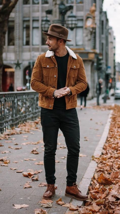 35 Men Fall Fashion 2024 Ideas Brown Sherpa Jacket Outfit Men, Brown Suede Jacket Outfit Men, Mens Outfit With Boots, Brown Denim Jacket Outfit Men, Brown Jacket Men Outfit, Brown Corduroy Jacket Outfit Men, Brown Denim Jacket Outfit, Casual Outfits Jacket, Brown Jacket Outfit Men