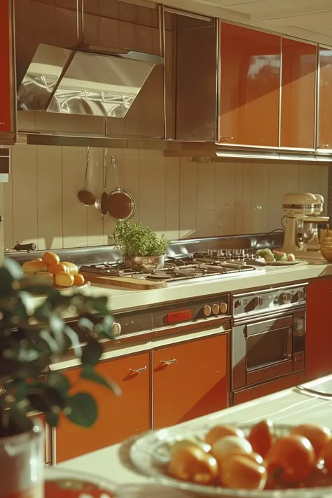 Uncovering the Hidden Gems of 70s Kitchen Design | by Edward George London | Medium Retro Interior Design Kitchen, 60s Style Kitchen, Space Age Kitchen, Modern 70s Home, Wallpaper And Wood, 1920 Kitchen, Japandi Dining Room Design, Kitchen Palette, 70's Aesthetic