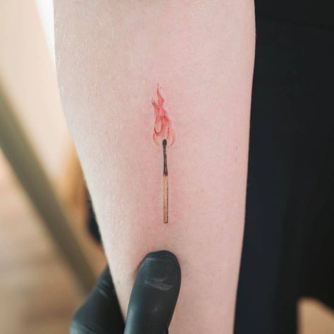 Small burning match tattoo on the forearm Match Tattoo, Sagittarius Tattoo Designs, Sagittarius Tattoo, Flame Tattoos, Pieces Tattoo, Fire Tattoo, Aesthetic Tattoo, Little Tattoos, Small Tattoo