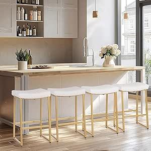 ALPHA HOME 24" Bar Stools Counter Height Set of 4, PU Leather Saddle Stool with Metal Legs Modern Dining Chairs for Kitchen Island, White Gold Barstools, Napa House, White Leather Bar Stools, Modern Bar Stools Kitchen, Chairs For Kitchen Island, Organic Modern Kitchen, Farmhouse Island, Gold Bar Stools, Stools For Kitchen