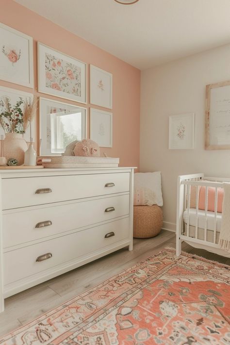 Nursery with a white dresser, crib, and peach-colored accents. Neutral Girls Bedroom, Patio Ceiling Ideas, Moody Paint, Modern Cottage Decor, Baby Girl Nursery Ideas, Neutral Coastal Decor, Girl Nursery Ideas, Boho Baby Girl Nursery, Organic Modern Bedroom