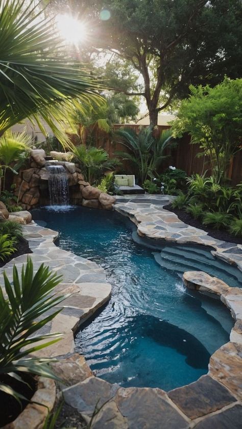 Small Backyard Oasis Ideas, Backyard Tropical Oasis Ideas, Tropical Pool Design, Small Backyard Oasis, Pool Design Ideas, Beach Entry Pool, Natural Swimming Ponds, Pools Backyard Inground, Backyard Oasis Ideas