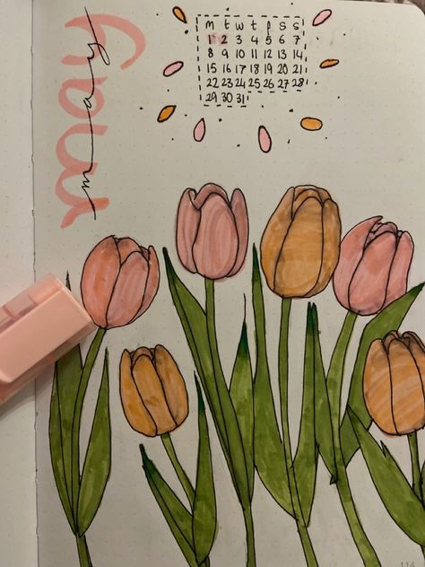 Bujo Front Page, Tulip Garden Drawing, Pink Tulips Drawing Aesthetic, Journal Front Page, Bullet Journal Front Page, May Cover Page, May Bujo, Spring Bullet Journal Theme, Tulip Bullet Journal Theme