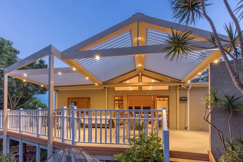 Awesome Austinmer Pergola with Louvred Gable Roof Design Gable Roof Design, Roof Siding, Pergola Design, Timber Deck, Gable Roof, Pergola With Roof, Led Down Lights, Outdoor Entertaining Area, Roofing Systems