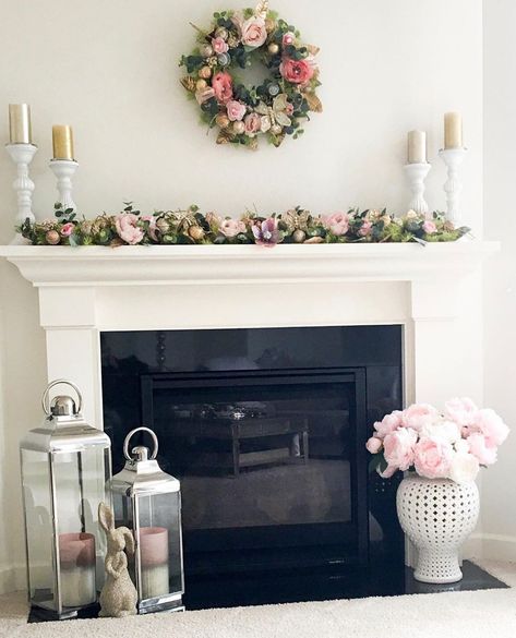 Pink Mantle Decor, Spring Mantle Decorating Ideas, Spring Fireplace Mantle Decor, Easter Fireplace Mantel Decor, Easter Fireplace Decor, Mantle Decor Under Tv, Spring Fireplace, Spring Fireplace Decor, Spring Mantel Decor