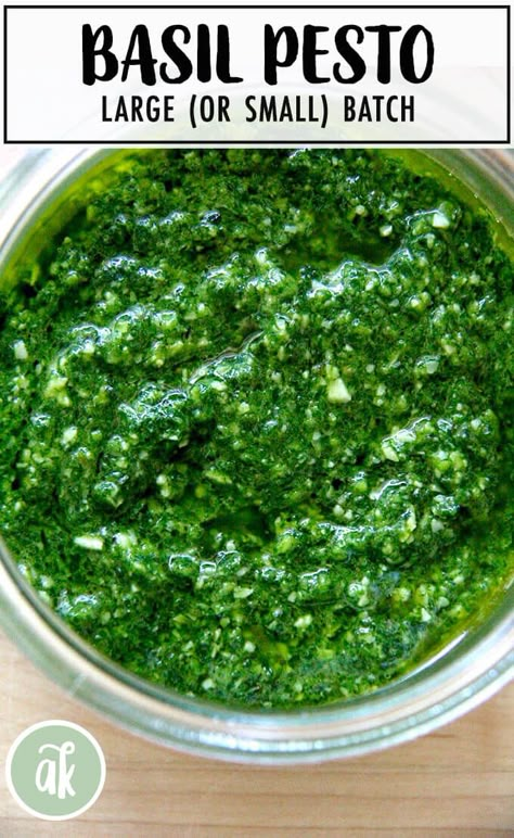 Large (or small!) batch basil pesto — the best way to preserve one of summer's greatest gifts: heaps and heaps of tender basil. I like to freeze this pesto in ice cube trays. It's such a treat finding a cube in the middle of the winter to toss into pasta or to smear across a sandwich with roasted peppers and mozzarella. #pesto #basil #largebatch #summer #freezer Fresh Basil Pesto Recipe, Basil Pesto Recipe, Homemade Pesto Recipe, Basil Pesto Recipes, Pesto Recipes, How To Make Pesto, Awesome Recipes, Homemade Pesto, Pesto Recipe