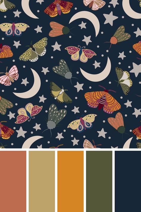 night, moon, stars, moths, dream, mystery, pattern, wallpaper, background, backdrop, seamless pattern, color scheme Luna Moth Color Palette, Mystic Color Palette, Moth Color Palette, Whimsigoth Color Palette, Witchy Color Palette, Celestial Color Palette, Moon Color Palette, Mystery Pattern, Toto Bag