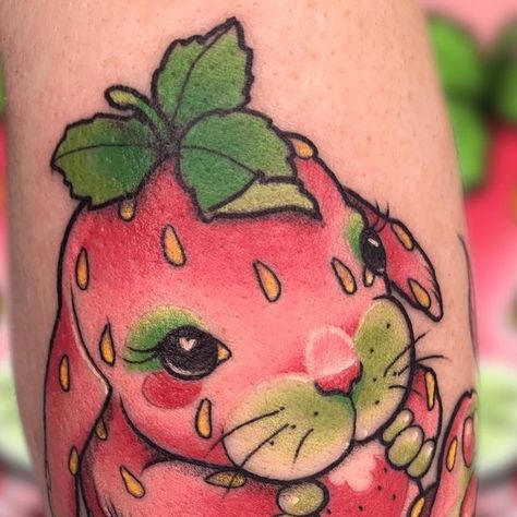 Nicole May Tattoos on Instagram: "Strawbunny 🍓 So cute I could gobble her up…but I won’t, cause it’s on Trinia’s arm meow & I’m not a cannibal. Thank you for letting me add to your strawberry collection! 🍓 #strawberrytattoo #bunnytattoo #strawbunny #strawberrybunny #strawberrylove #bunbun #cutetattoo #kawaiitattoo #adorableanimals #animash #fruittattoo #foodtattoo #animaltattoo #naturetattoo #unaturaltattoo #tattoo #tattoos #tattooer #tattooart #tattooartist #tattooartistmagazine #inkedmag #ta Strawberry Bunny Tattoo, May Tattoos, Easter Tattoo, Old Traditional Tattoo, Tattoo Front, Snail Tattoo, Tufting Rugs, Strawberry Tattoo, Fruit Tattoo