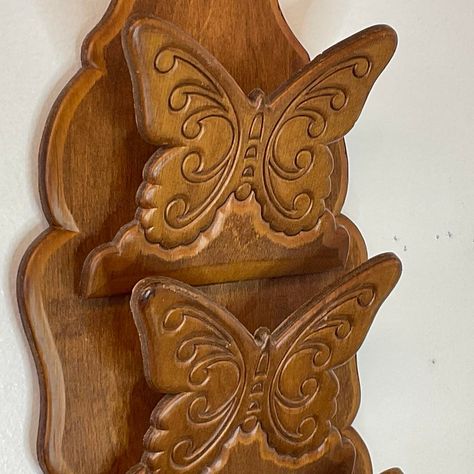 What a lovely wall mounted mail rack with four hooks for keys. The design features three carved butterfly slots that can hold your mail and on the lower base, you can hang your keys. Perfect for a back door entry to keep everything organized and ready for when you need it.  Click on “WALL DECOR” below to access our shop featuring 150 items. It’s Spring Markdown Season and we have some great deals. Our collection includes all things displayed on a wall. We are featuring Mirrors and Artwork on our Wall Purse Display, Vintage Wood Decor, Vintage Key Holder, Goodwill Finds Thrifting Home Decor, Whimsigoth Home Decor, 60s House Decor, Wall Hooks Ideas, Back Door Entry, Key Organization