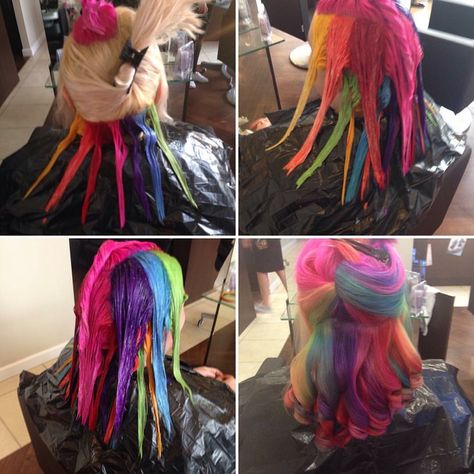 Rainbow Hair Sectioning, Rainbow Pinwheel Hair, How To Do Rainbow Hair, Rainbow Hair Placement, Rainbow Hair Color Placement Diagram, Rainbow Roots Hair, Rainbow Underneath Hair, Fashion Analysis, Neon Hair Color