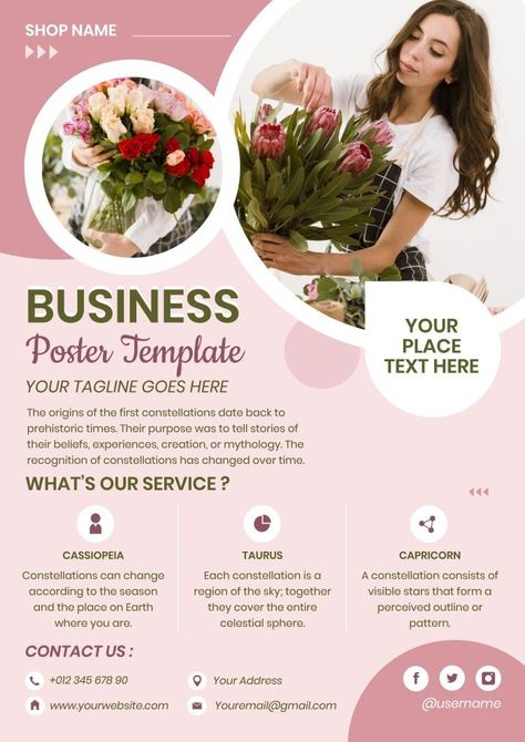 Show everyone your floral services with this poster designed by Wepik! It is a professional design that you can design for free with the online editor.#Flower_Shop_Posters #Geometric_Interior_Design #Wood_Spa #Celestial_Sphere Flower Shop Poster, Geometric Interior Design, Flower Arrangement Workshop, Business Plan Design, Wood Spa, Sustainable Flowers, Funny Snapchat Pictures, Celestial Sphere, Poster Template Free