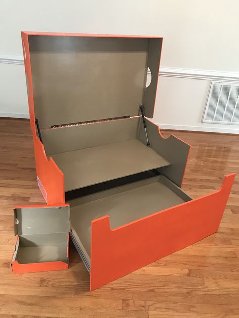 Inside DIY Giant Nike Shoebox Nike Shoe Box Storage, Nike Decor, Jordan Shoe Box Storage, Wooden Shoe Box, Big Shoe Box, Giant Shoe Box, Shoe Box Design, Outdoor Tv Cabinet, Shoe Box Storage