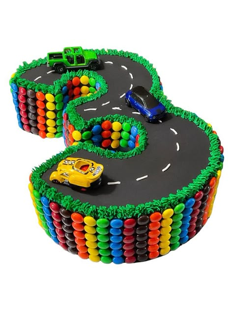 Number 3 Car Cake, Car Cakes For Boys Birthday For Kids, Car Cake Designs For Kids, Number 3 Cake, Race Car Birthday Cake, 2nd Birthday Cake Boy, Number 3 Cakes, Car Cakes For Boys, Cars Cute