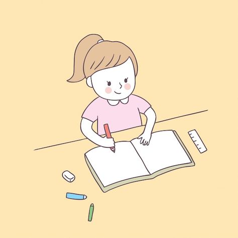 Cartoon cute girl and homework vector. | Premium Vector #Freepik #vector #girl-reading #children-reading #preschool #children-book Study Girl Aesthetic Cartoon, Cartoon Characters Reading Books, Reading Pictures Cartoon, Homework Illustration, Girl Studying Cartoon, Reading Preschool, Reading Cartoon, Vector Girl, Premium Vector Cartoon