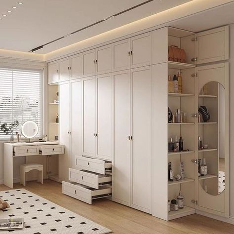 Clothes Cabinet Bedroom, Dressing Table Wardrobe, Wardrobe With Dressing, Dressing Table Modern, Wall Wardrobe Design, Clothes Cabinet, Beautiful Wardrobe, Wardrobe Space, Closet Design Layout