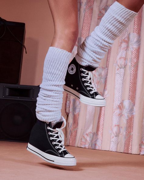 Converse | Wear your Chuck Taylor Wedge like no one’s watching. Get your pair on Converse.com. | Instagram Wedge Heels Outfit, Converse Wedges, Wedges Outfit, Female Gym, Slouch Socks, Heels Outfits, Dream Aesthetic, October 19, Cool Shoes