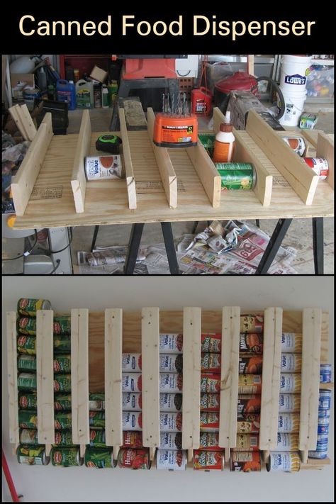 Food Dispenser Diy, Canned Food Dispenser, Canned Good Storage, Diy Food Storage, Dispenser Diy, Canned Foods, Canned Food Storage, Pantry Remodel, Food Storage Organization