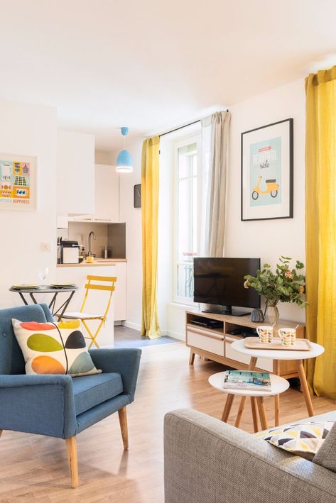 Living in a shoebox | Small and colourful studio apartment in Montmartre Colorful Studio Apartment, Contemporary Living Room Design, Apartment Decoration, Yellow Living Room, Living Room Corner, Casa Vintage, Trendy Living Rooms, Small Apartment Decorating, Living Room Scandinavian