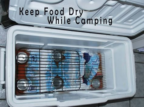 Camp tip. I always hate digging in the cold water and pulling out bags with water and soggy food.- perfect for our frequent road trips! Kangoo Camper, Hiking Ideas, Camping 101, Transitional Furniture, Cooling Racks, Camping Organization, Camping Style, Ice Chest, Rv Ideas