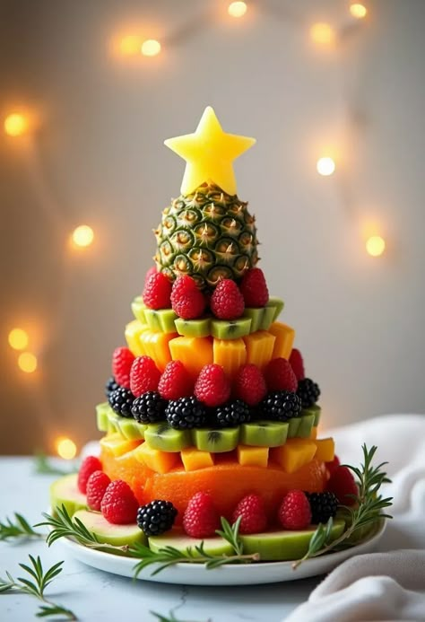 A colorful Christmas Fruit Tree made of fresh fruits like raspberries, blackberries, kiwi, orange, and watermelon, topped with a star-shaped pineapple and garnished with rosemary, placed on a white plate with warm fairy lights in the background. Fruit Side Dishes Christmas, Fruit Tree Christmas, Christmas Fruit Plate, Christmas Tree Fruit Platter, Christmas Fruit Platter Ideas, Christmas Fruit Ideas, Christmas Fruit Tree, Christmas Fruit Platter, Christmas Fruit Tray