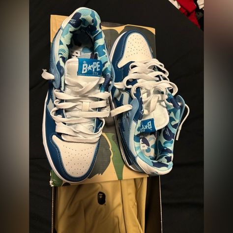 Size 11 a bathing ape, sk8 sta abc camo blue. Comes with box and shoes bag. Sk8 Sta, Bape Shoes, Shoes Bag, Bathing Ape, A Bathing Ape, Camo, Abc, Men's Shoes, Blue White