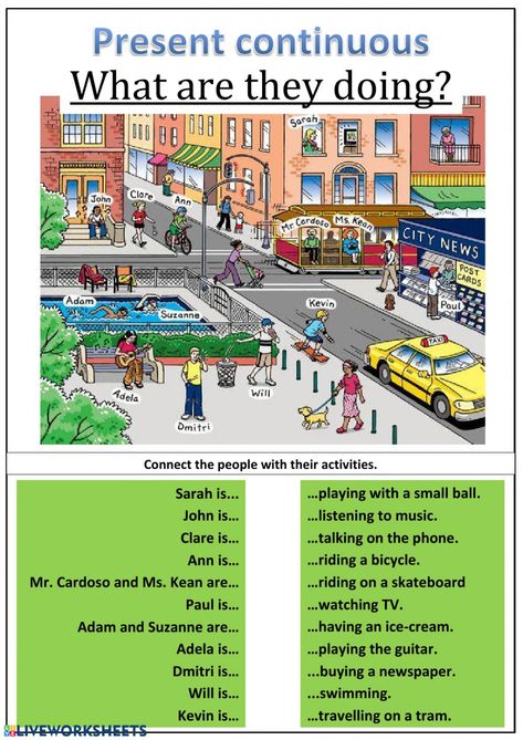 Present continuous interactive and downloadable worksheet. You can do the exercises online or download the worksheet as pdf. Negative Sentences, Present Continuous Worksheet, Picture Comprehension, Present Continuous Tense, Present Continuous, English Exercises, Speaking Activities, Kids English, English Language Teaching