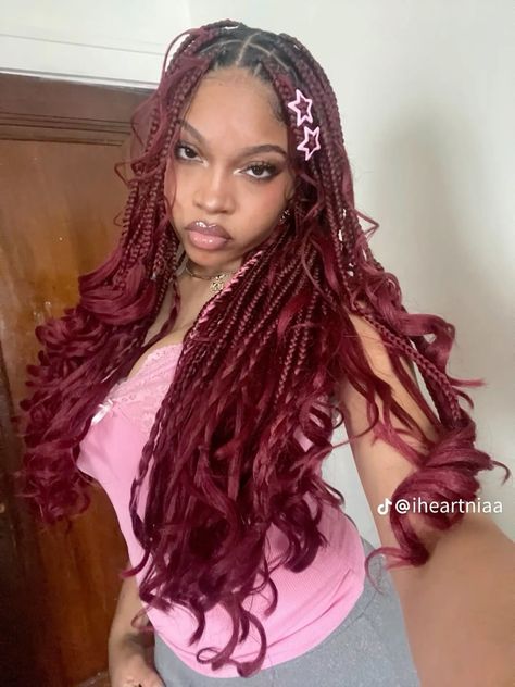 Braid Hacks, Red Braids, Hairstyles Protective, Red Hairstyles, Top Braid, French Curl, Big Box Braids Hairstyles, Goddess Braids Hairstyles, Cute Braided Hairstyles