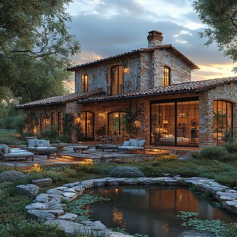 Immerse in the charm of a Modern Farmhouse in rural Tuscany, Italy, 8,000 sqft. Golden hour light and muted color grading enhance brick and wood textures, capturing the tranquility of Italian countryside living. Let this AI masterpiece inspire your design and luxury property dreams. Can you feel the Tuscan sunshine or hear the rustic pond's serene lull? Share your thoughts! 🌿🏡 #DreamHomeInspiration #LuxuryInteriors #ModernFarmhouse #TuscanyLiving #LuxuryLiving #LuxuryDesign #LuxuryLifestyle #HomeGoals #InspiringHomes #LuxuryTravel #FarmhouseLuxury Modern Brick Farmhouse, Italian Farmhouse Exterior, Italian Countryside House, Sims Architecture, Tuscan Mansion, Homestead Inspiration, Brick Farmhouse, Golden Hour Light, Countryside Living