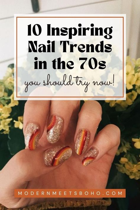 Explore some inspiring nail trends in the 70s and transport your style to the iconic era. The 1970s were a playground for creativity, with bold and daring beauty choices. Embrace these 10 inspiring 70s nail trends and retro nail ideas & celebrate the disco-charged days! 70s French Manicure, Nails In The 70s, 1970 Nails Design, Sns Nail Ideas Fall, 70s Nails Retro Fall, Retro Design Nails, 70s Disco Nail Designs, Fall Retro Nails, Retro Fall Nails