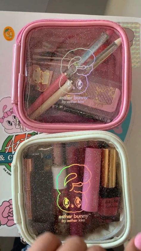 Makeup Bag Korean, Makeup Bag Aesthetic Korean, Korean Makeup Bag, Makeup Bag Aesthetic, Esther Bunny, Aesthetic Glitter, Aesthetic Soft Girl, Bunny Aesthetic, Glitter Bag