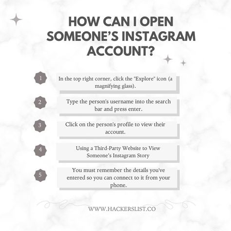 To view someone's Instagram account, you can follow these steps: Open the Instagram app on your phone or tablet, or go to instagram dot com on your computer. In the top right corner, click the "Explore" icon (a magnifying glass). Type the person's username into the search bar and press enter. Click on the person's profile to view their account. Note that you can only view an Instagram account if it is set to public. If the account is private, you How To View Private Instagram Account, Password Ideas For Instagram, Password Ideas, Instagram Private Account, Learn Computer Science, Instagram App, Learn Computer, Secret Websites, Search Bar